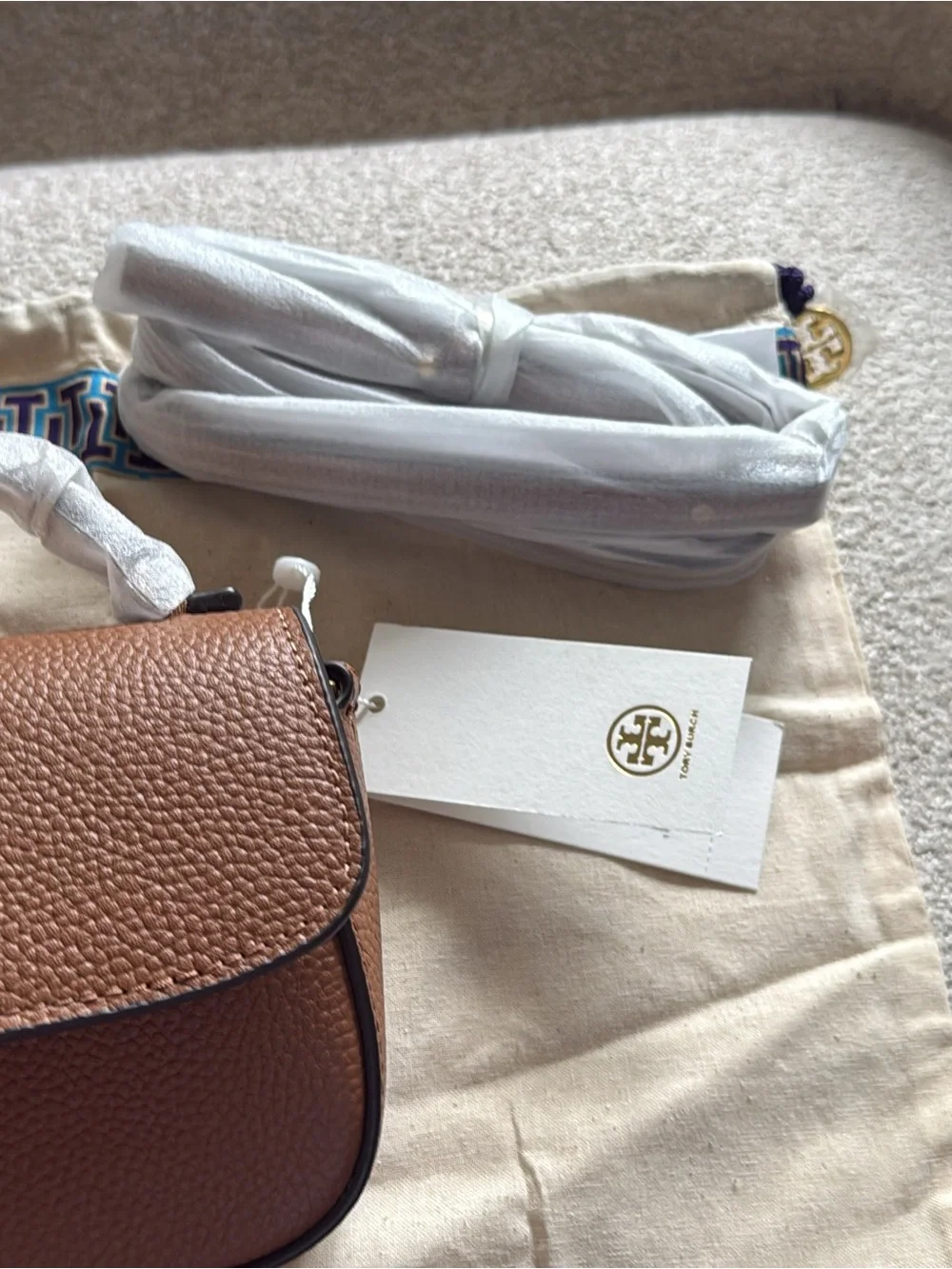 Tory Burch Tan mini Pebbled Leather Shoulder Bag with Gold Logo